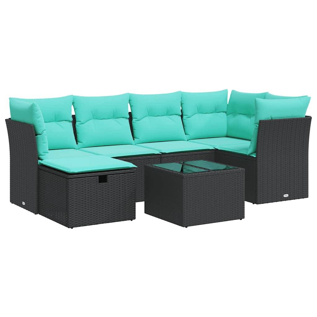 vidaXL 7-tlg. Garten-Sofagarnitur mit Kissen Schwarz Poly Rattan
