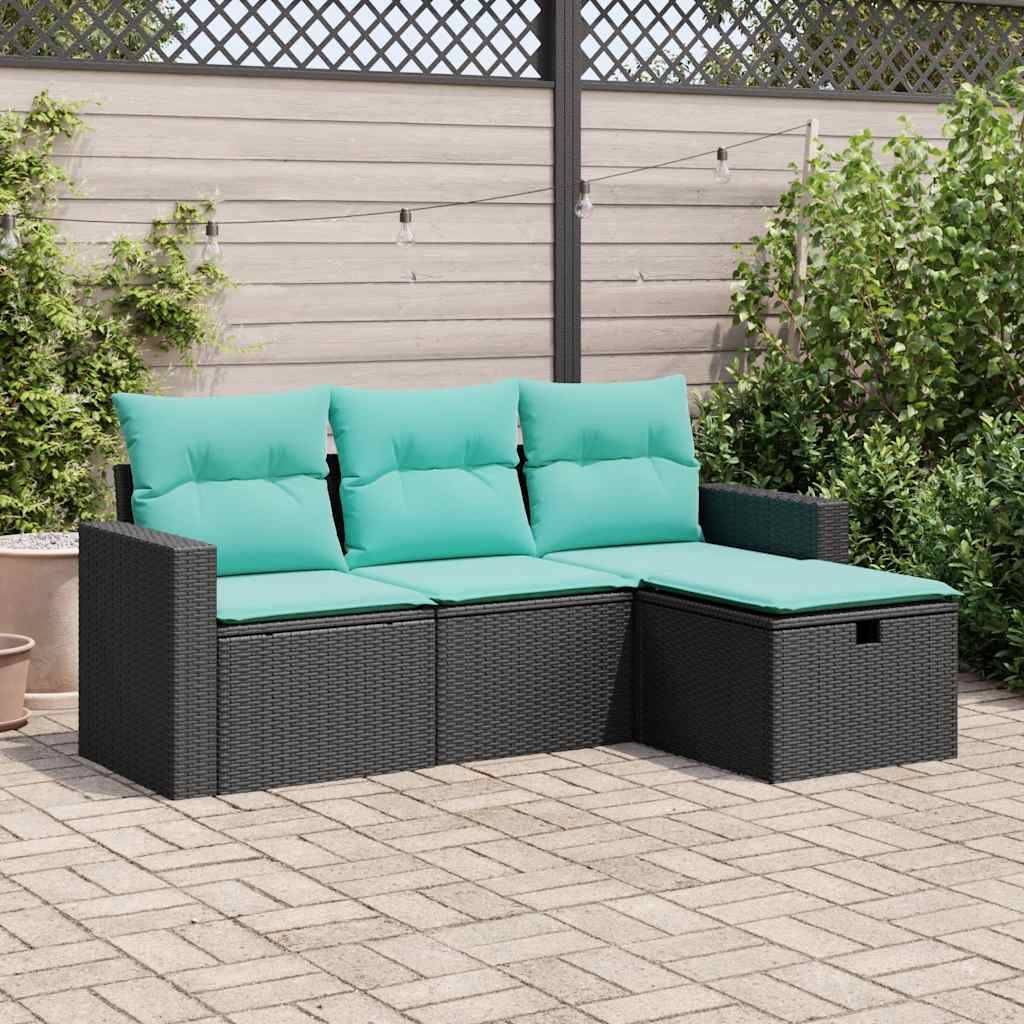 vidaXL 4-tlg. Garten-Sofagarnitur mit Kissen Schwarz Poly Rattan