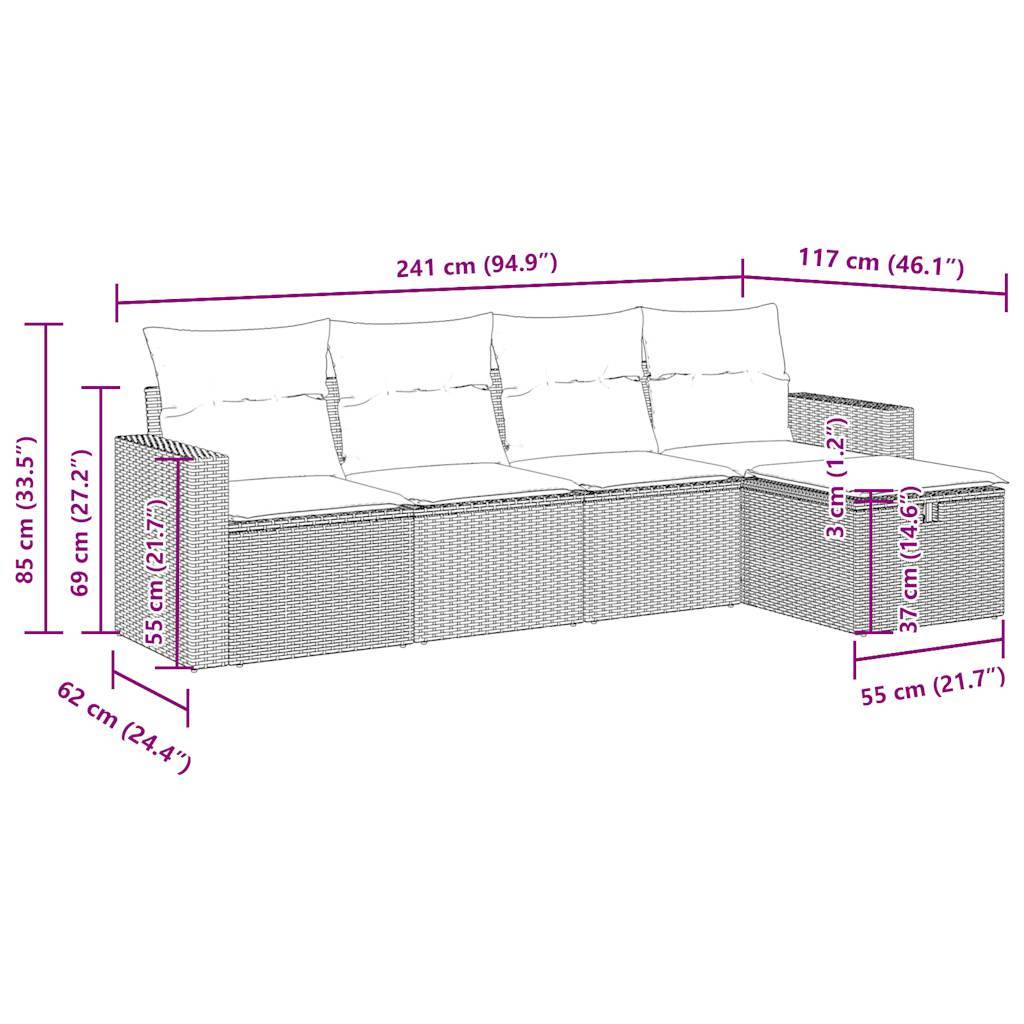 vidaXL 5-tlg. Garten-Sofagarnitur mit Kissen Schwarz Poly Rattan