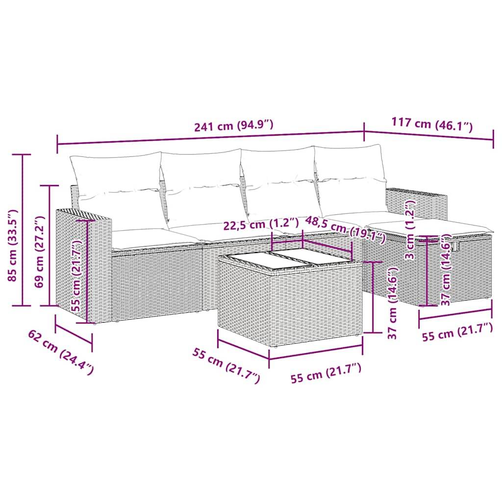 vidaXL 6-tlg. Garten-Sofagarnitur mit Kissen Schwarz Poly Rattan