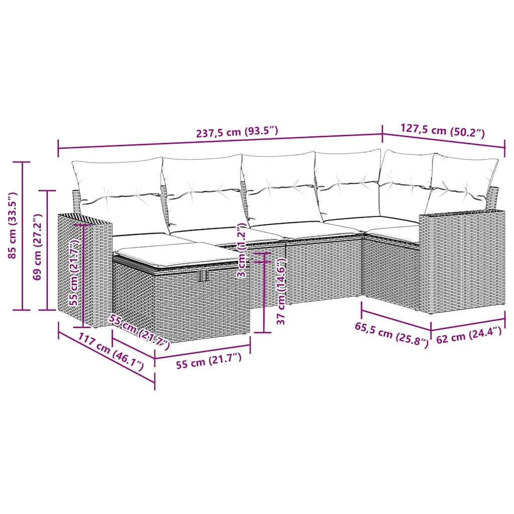 vidaXL 6-tlg. Garten-Sofagarnitur mit Kissen Schwarz Poly Rattan