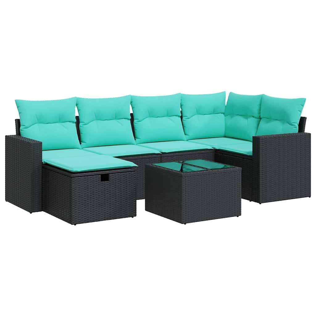 vidaXL 7-tlg. Garten-Sofagarnitur mit Kissen Schwarz Poly Rattan