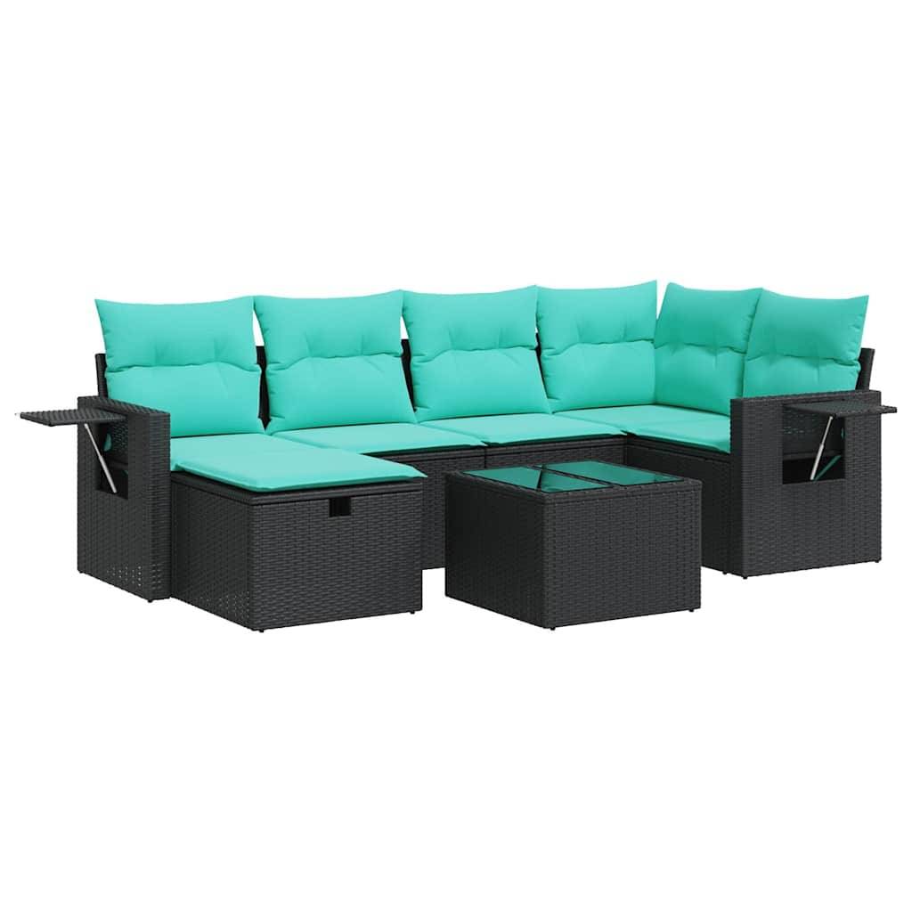 vidaXL 7-tlg. Garten-Sofagarnitur mit Kissen Schwarz Poly Rattan