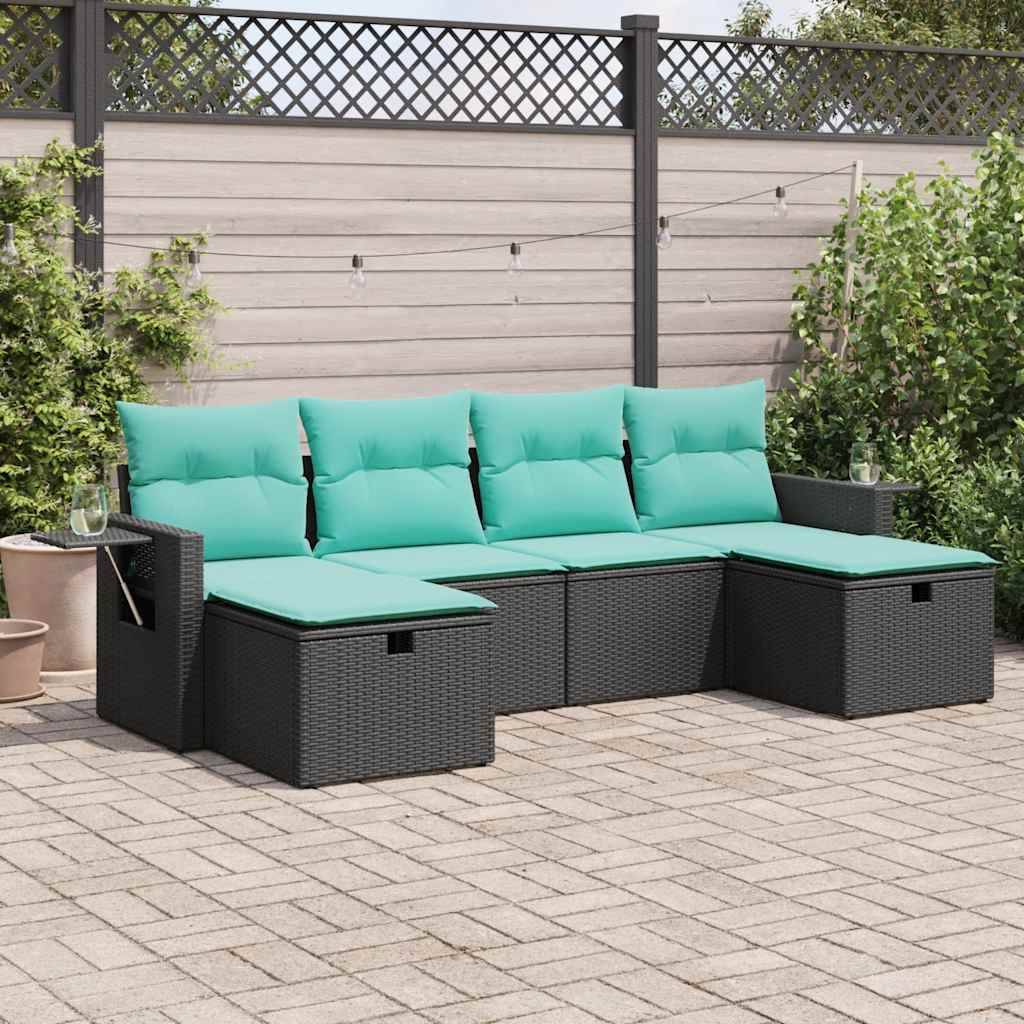 vidaXL 6-tlg. Garten-Sofagarnitur mit Kissen Schwarz Poly Rattan