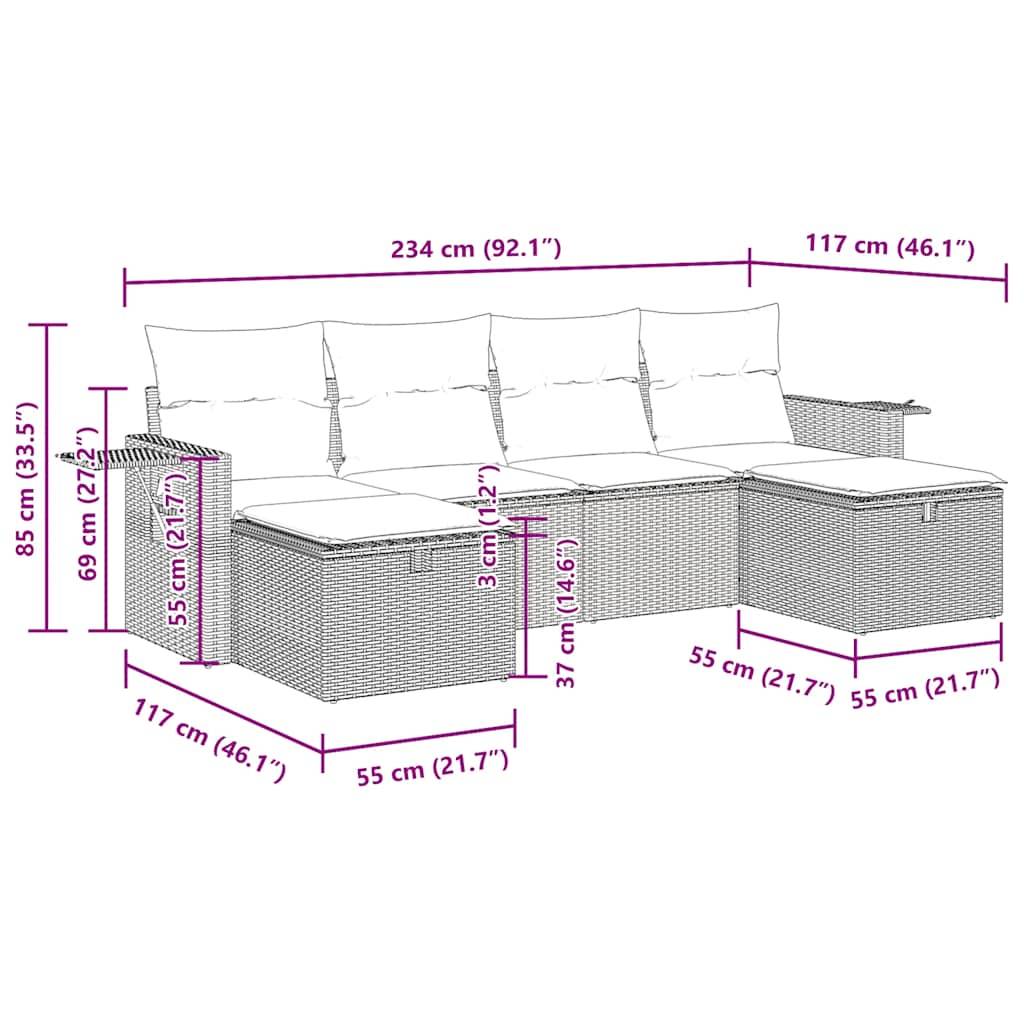 vidaXL 6-tlg. Garten-Sofagarnitur mit Kissen Schwarz Poly Rattan