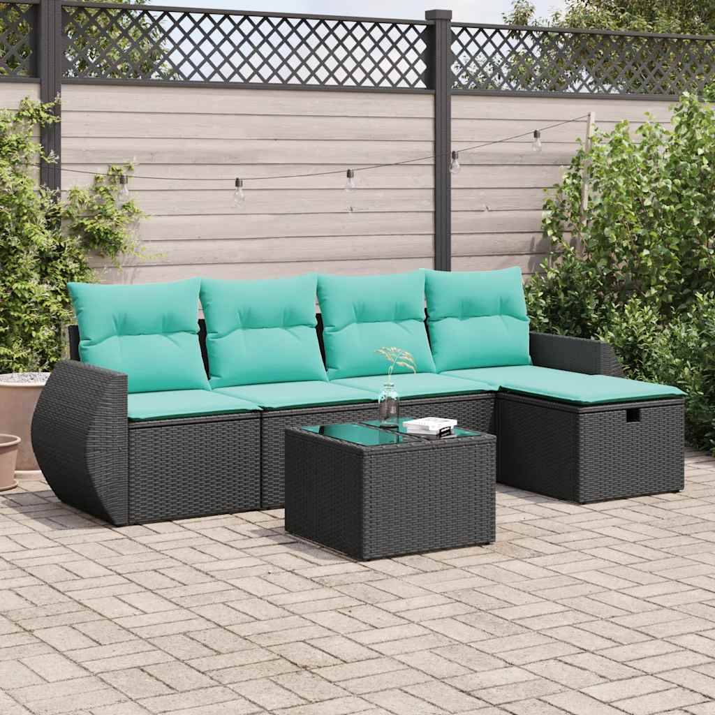 vidaXL 6-tlg. Garten-Sofagarnitur mit Kissen Schwarz Poly Rattan