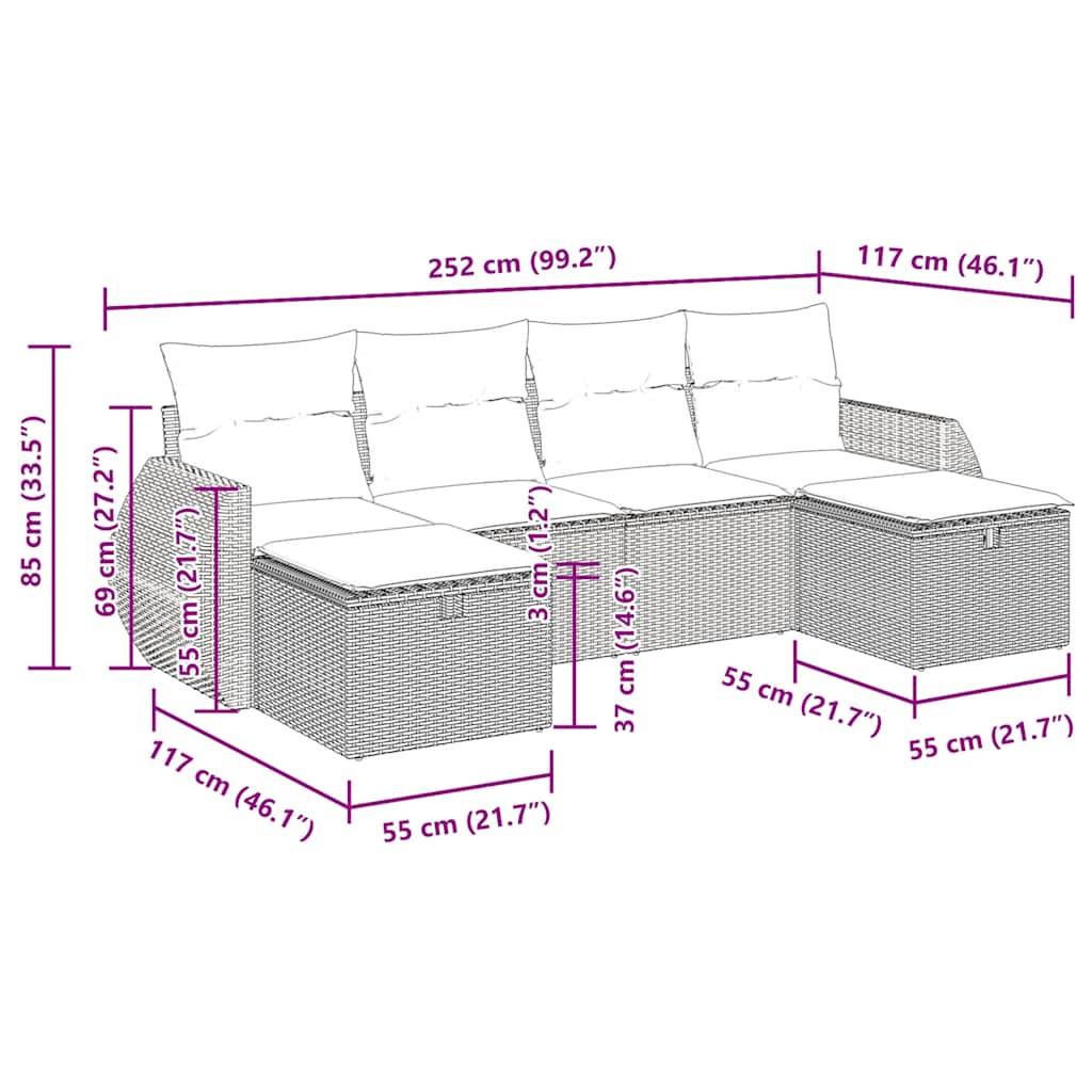 vidaXL 6-tlg. Garten-Sofagarnitur mit Kissen Schwarz Poly Rattan
