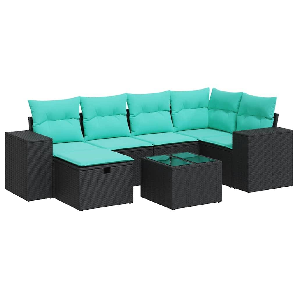 vidaXL 7-tlg. Garten-Sofagarnitur mit Kissen Schwarz Poly Rattan
