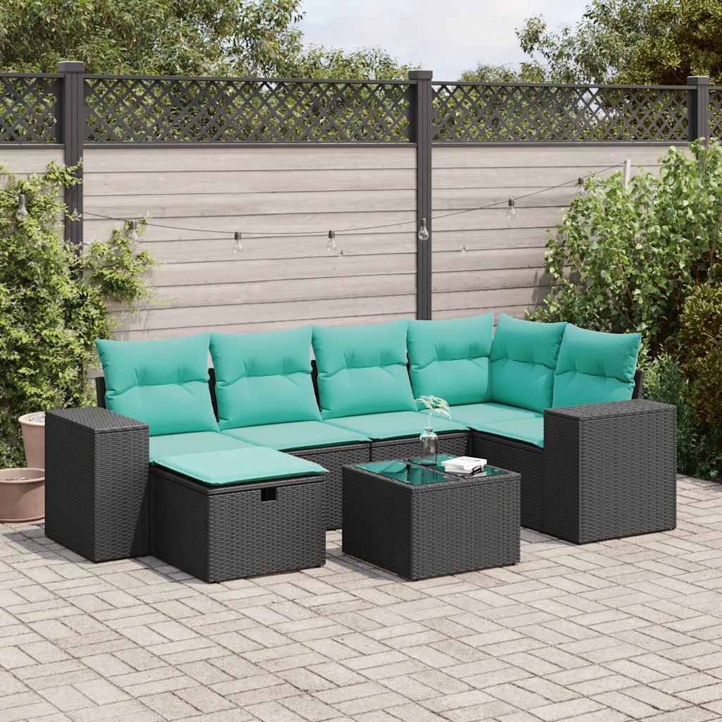 vidaXL 7-tlg. Garten-Sofagarnitur mit Kissen Schwarz Poly Rattan