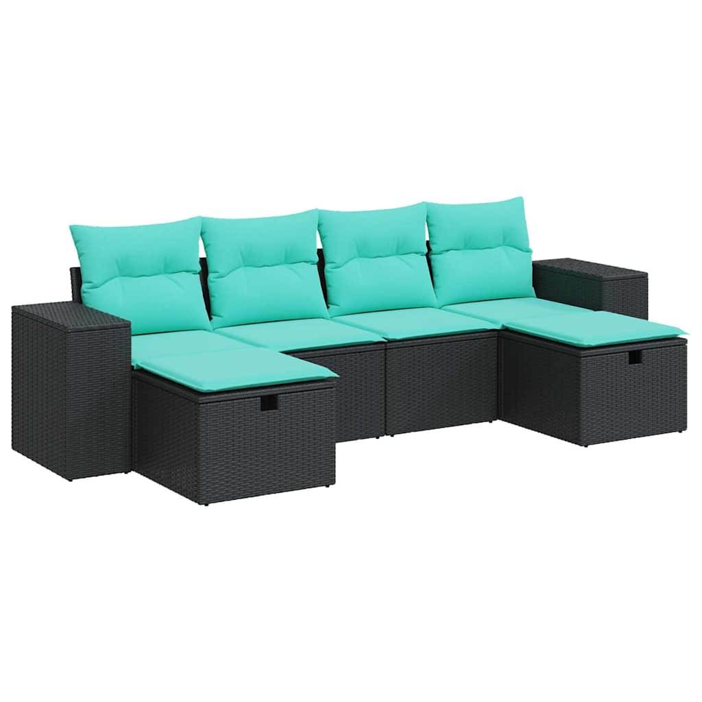 vidaXL 6-tlg. Garten-Sofagarnitur mit Kissen Schwarz Poly Rattan