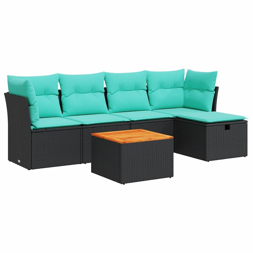 vidaXL 6-tlg. Garten-Sofagarnitur mit Kissen Schwarz Poly Rattan
