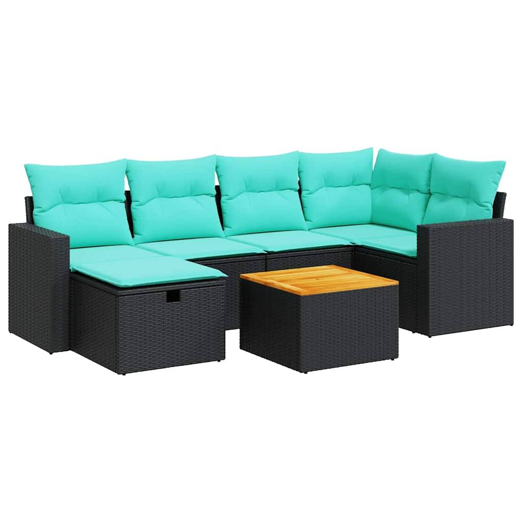 vidaXL 7-tlg. Garten-Sofagarnitur mit Kissen Schwarz Poly Rattan