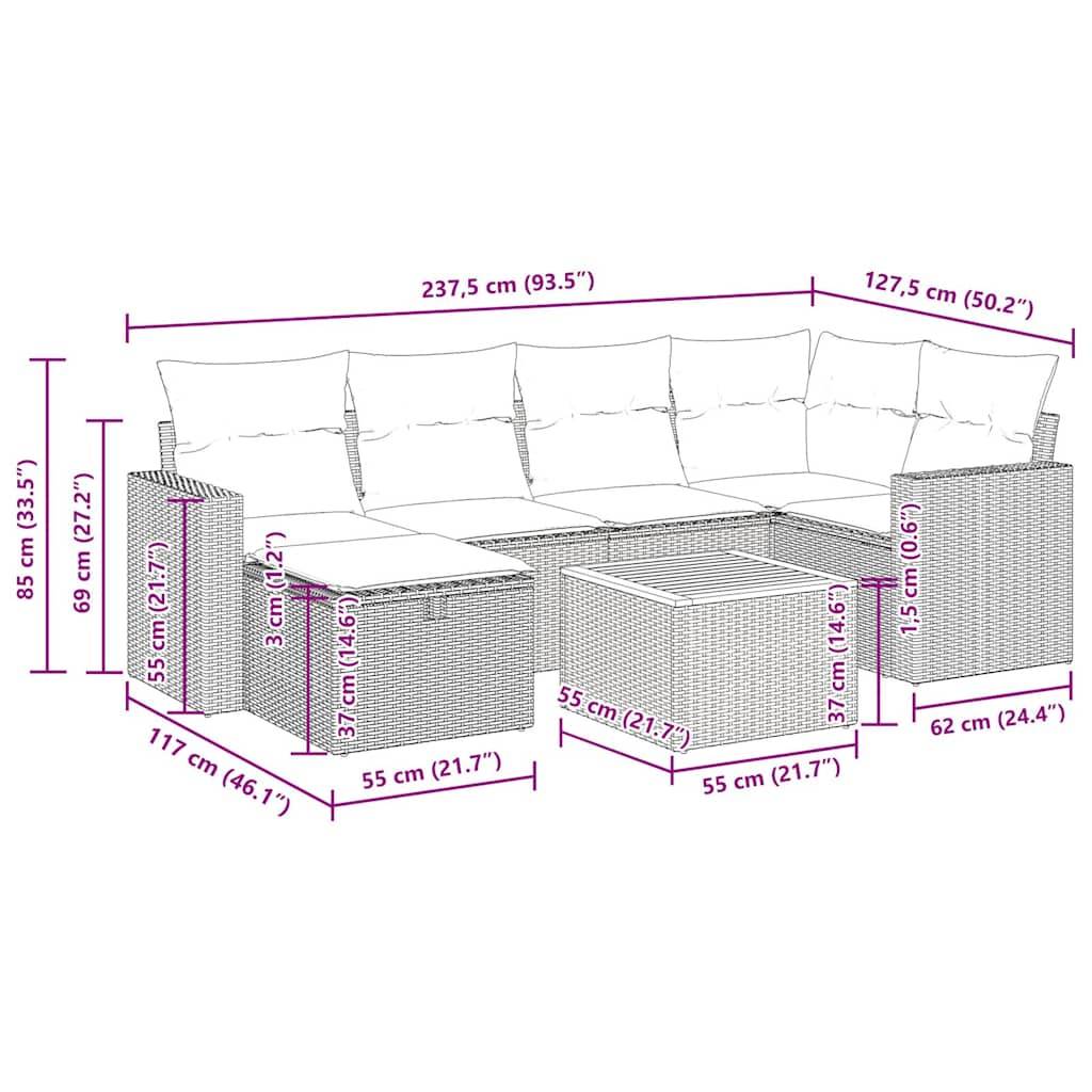 vidaXL 7-tlg. Garten-Sofagarnitur mit Kissen Schwarz Poly Rattan