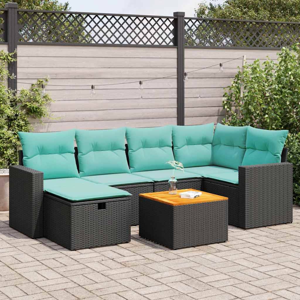 vidaXL 7-tlg. Garten-Sofagarnitur mit Kissen Schwarz Poly Rattan