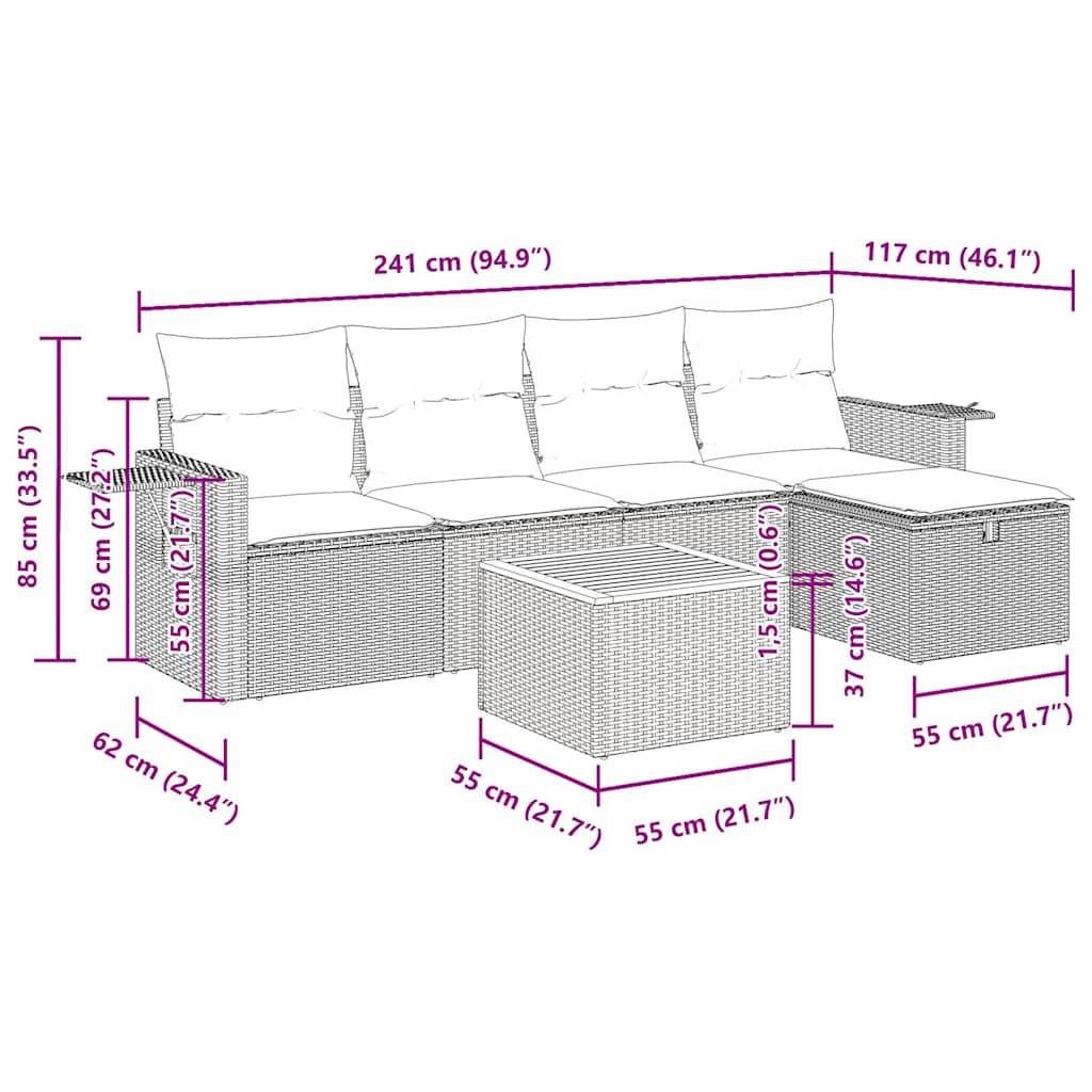 vidaXL 6-tlg. Garten-Sofagarnitur mit Kissen Schwarz Poly Rattan