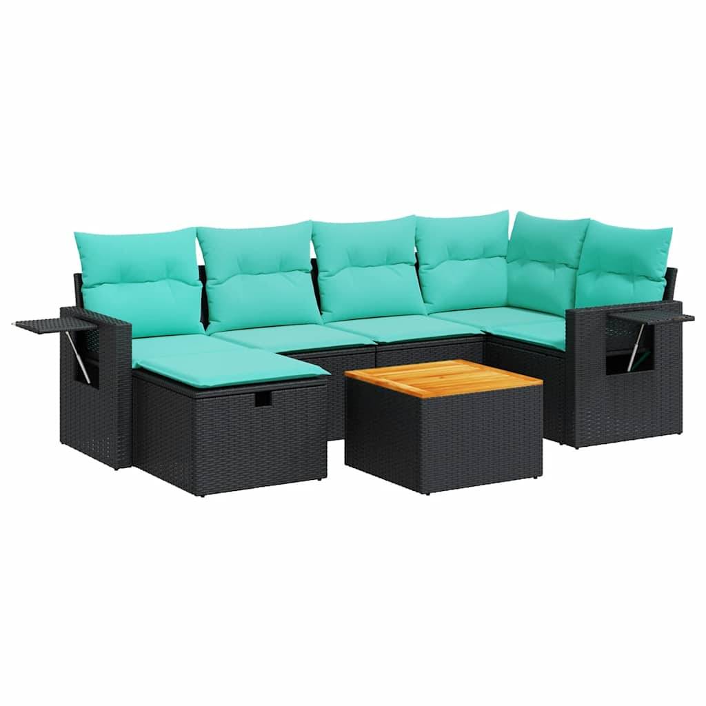 vidaXL 7-tlg. Garten-Sofagarnitur mit Kissen Schwarz Poly Rattan