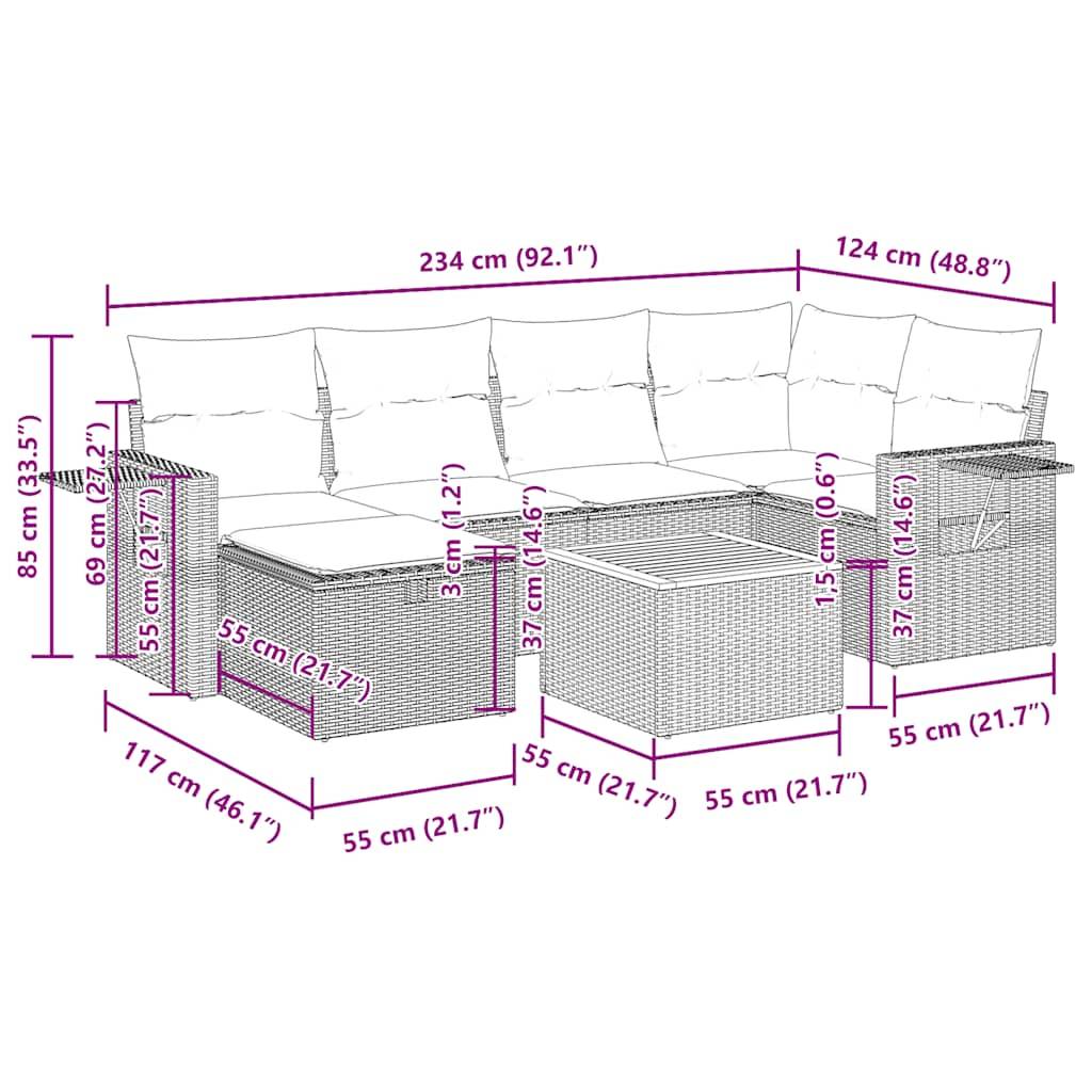vidaXL 7-tlg. Garten-Sofagarnitur mit Kissen Schwarz Poly Rattan