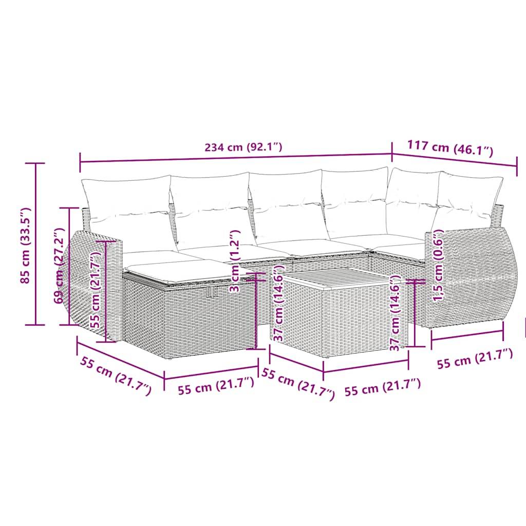 vidaXL 7-tlg. Garten-Sofagarnitur mit Kissen Schwarz Poly Rattan
