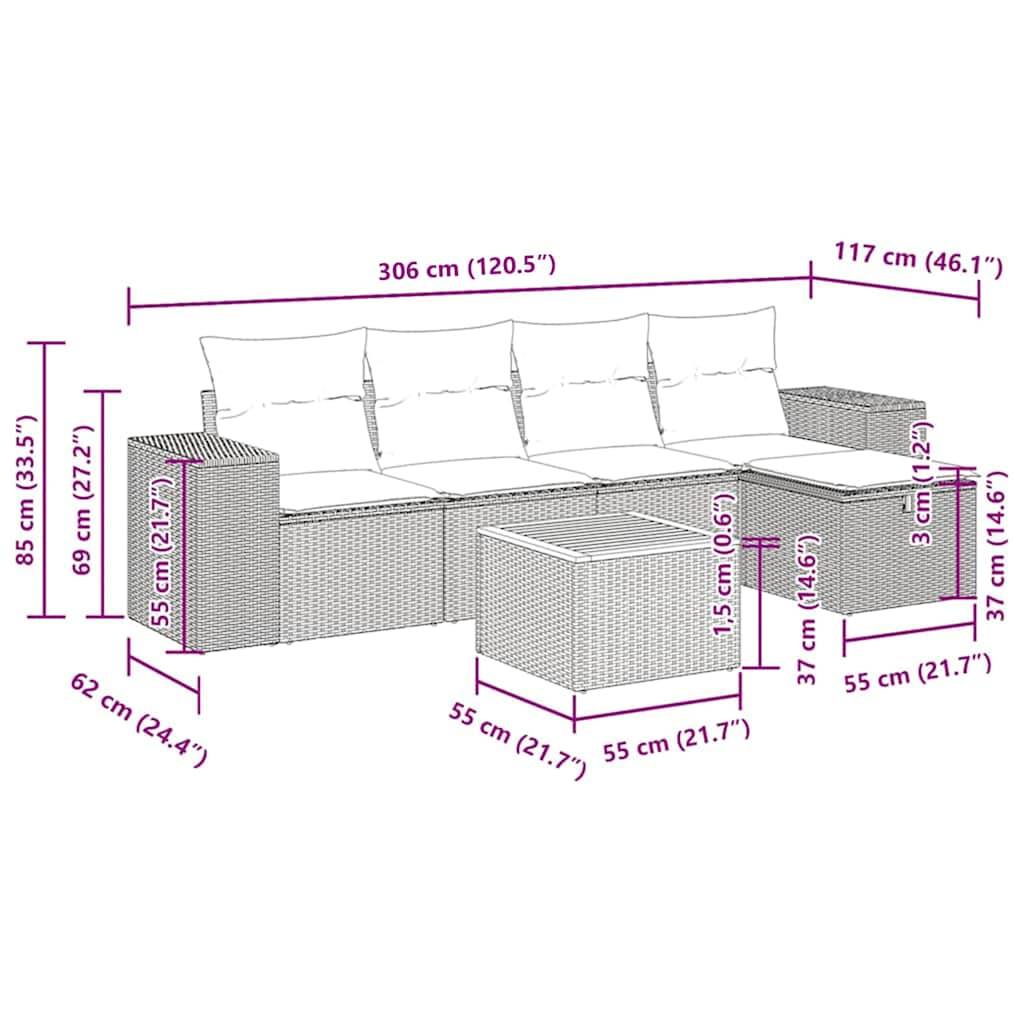 vidaXL 6-tlg. Garten-Sofagarnitur mit Kissen Schwarz Poly Rattan