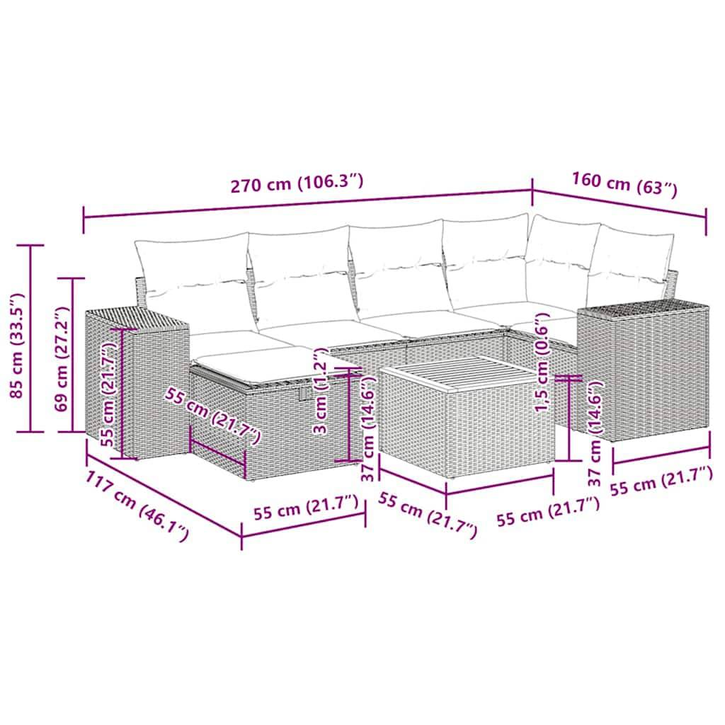 vidaXL 7-tlg. Garten-Sofagarnitur mit Kissen Schwarz Poly Rattan