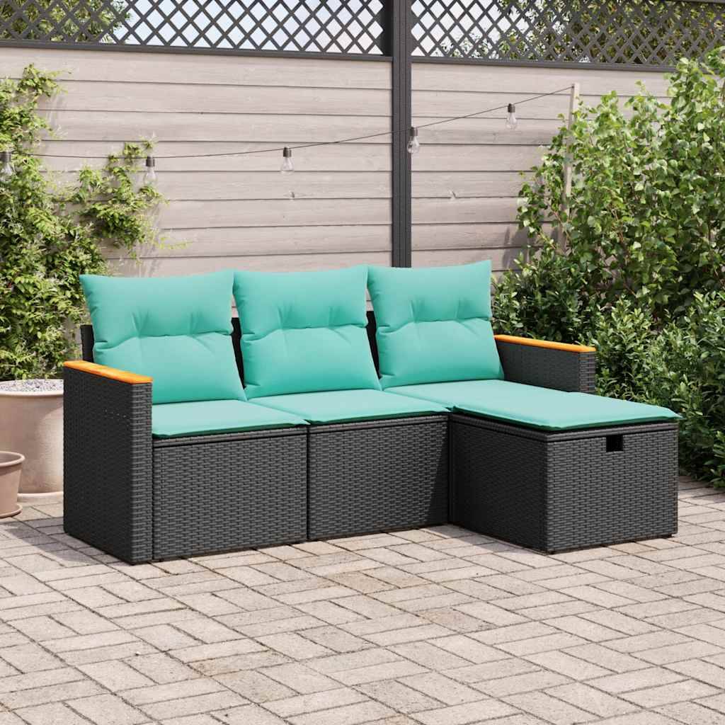 vidaXL 4-tlg. Garten-Sofagarnitur mit Kissen Schwarz Poly Rattan