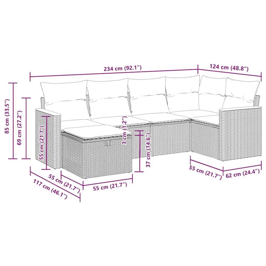 vidaXL 6-tlg. Garten-Sofagarnitur mit Kissen Schwarz Poly Rattan
