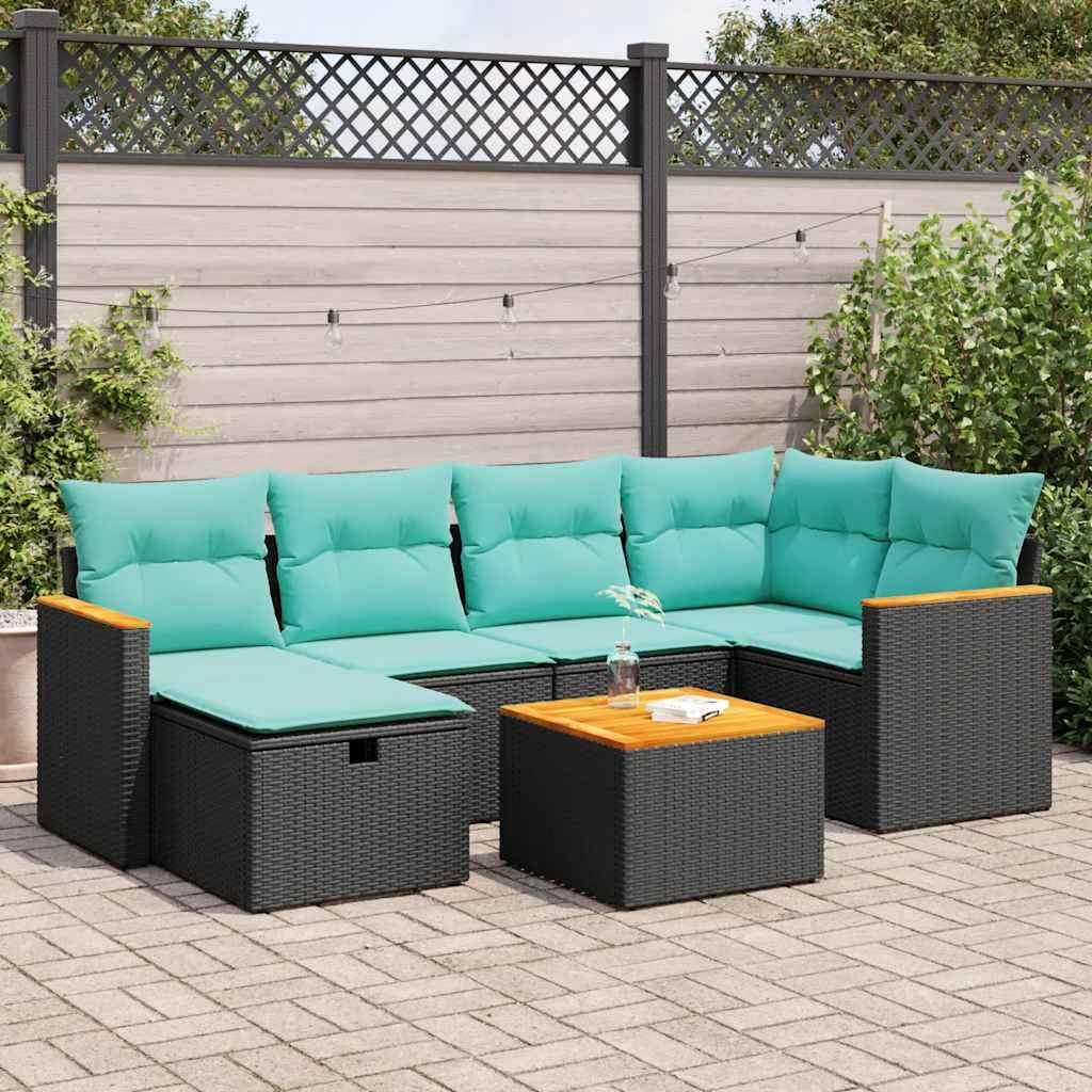 vidaXL 7-tlg. Garten-Sofagarnitur mit Kissen Schwarz Poly Rattan