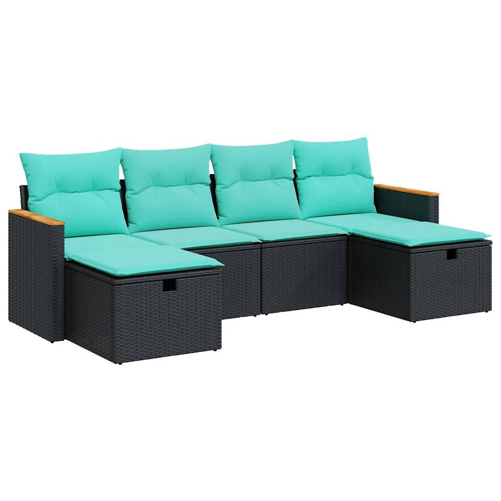 vidaXL 6-tlg. Garten-Sofagarnitur mit Kissen Schwarz Poly Rattan