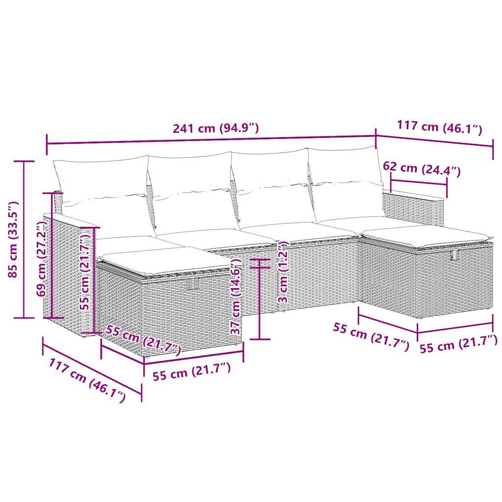 vidaXL 6-tlg. Garten-Sofagarnitur mit Kissen Schwarz Poly Rattan