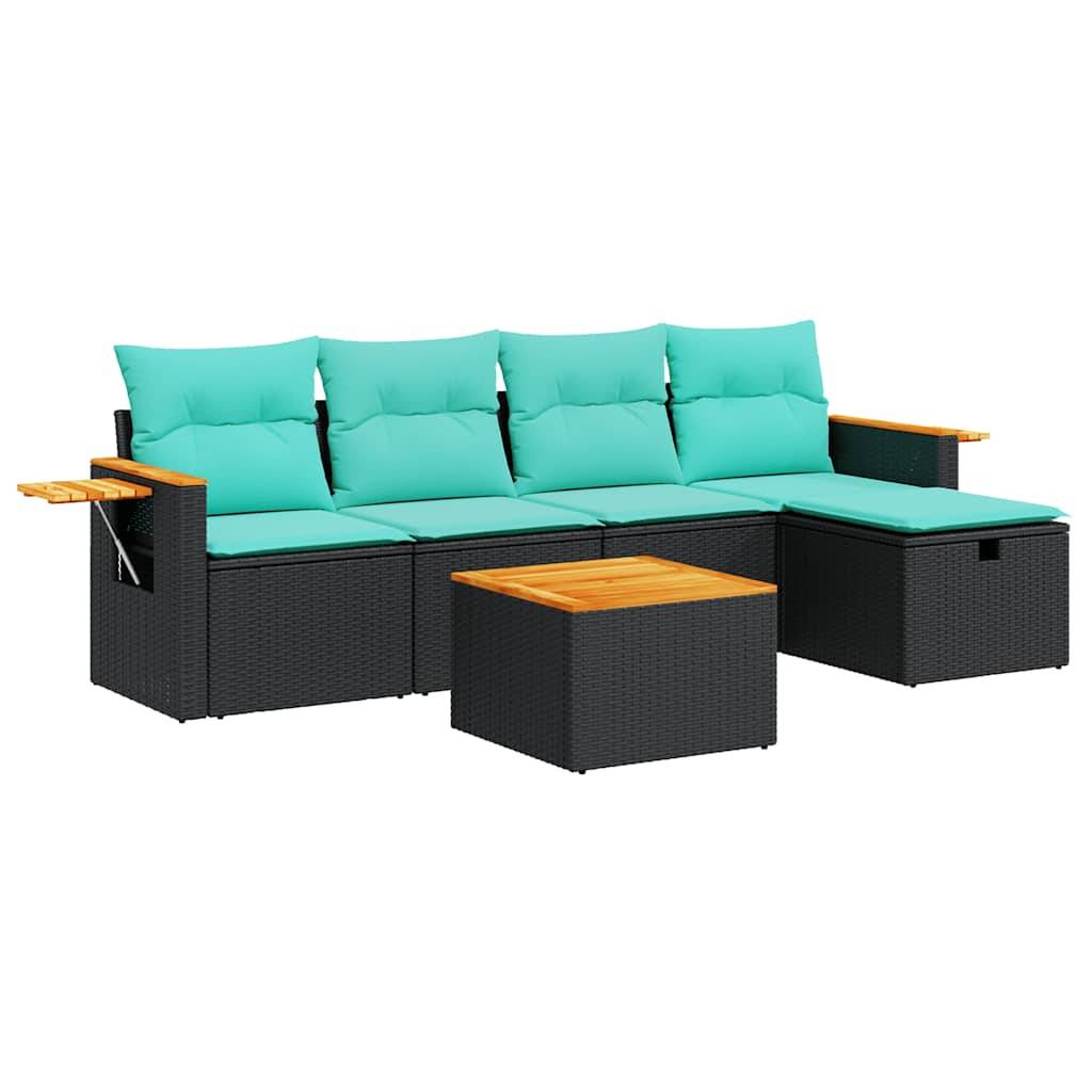 vidaXL 6-tlg. Garten-Sofagarnitur mit Kissen Schwarz Poly Rattan