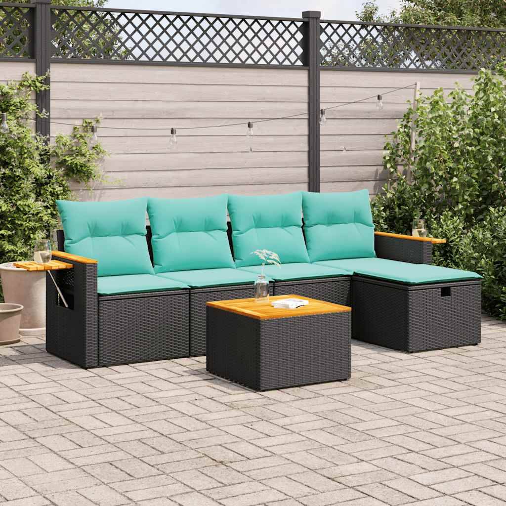 vidaXL 6-tlg. Garten-Sofagarnitur mit Kissen Schwarz Poly Rattan