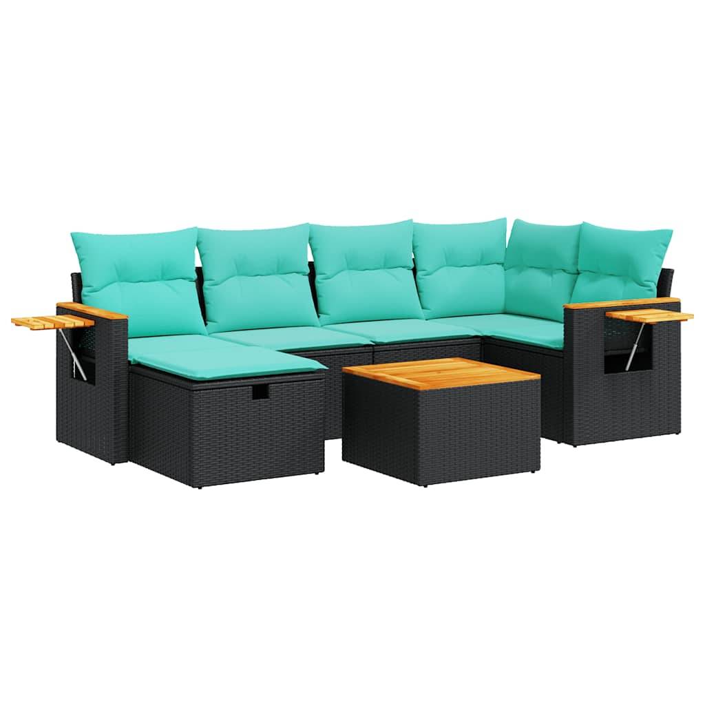 vidaXL 7-tlg. Garten-Sofagarnitur mit Kissen Schwarz Poly Rattan