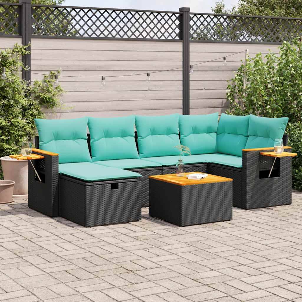 vidaXL 7-tlg. Garten-Sofagarnitur mit Kissen Schwarz Poly Rattan