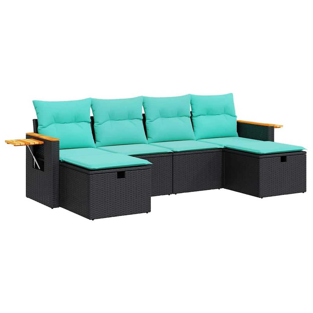 vidaXL 6-tlg. Garten-Sofagarnitur mit Kissen Schwarz Poly Rattan