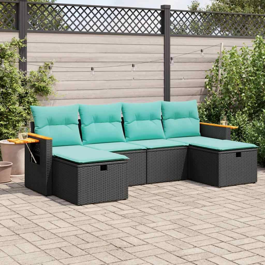 vidaXL 6-tlg. Garten-Sofagarnitur mit Kissen Schwarz Poly Rattan