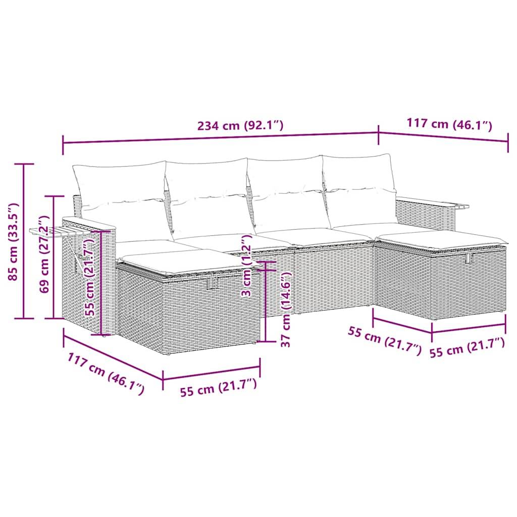 vidaXL 6-tlg. Garten-Sofagarnitur mit Kissen Schwarz Poly Rattan
