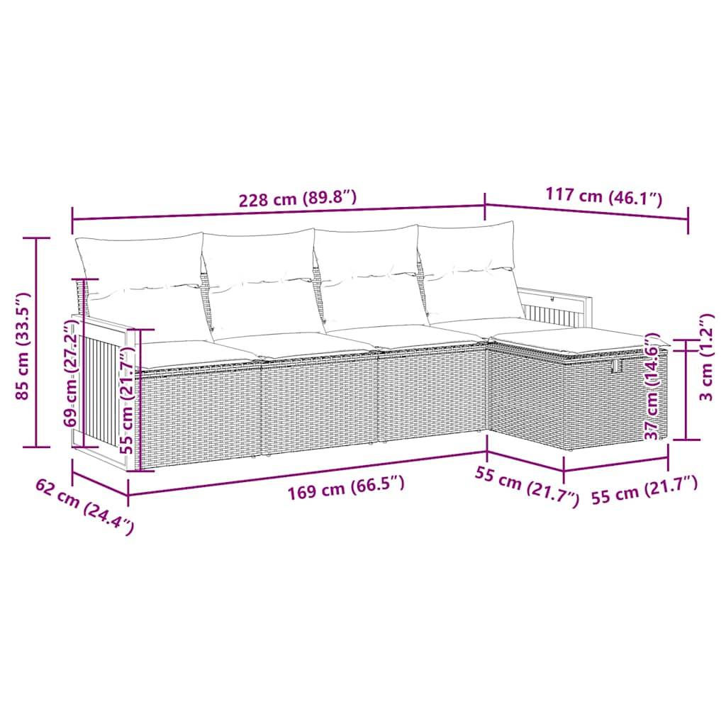 vidaXL 5-tlg. Garten-Sofagarnitur mit Kissen Schwarz Poly Rattan