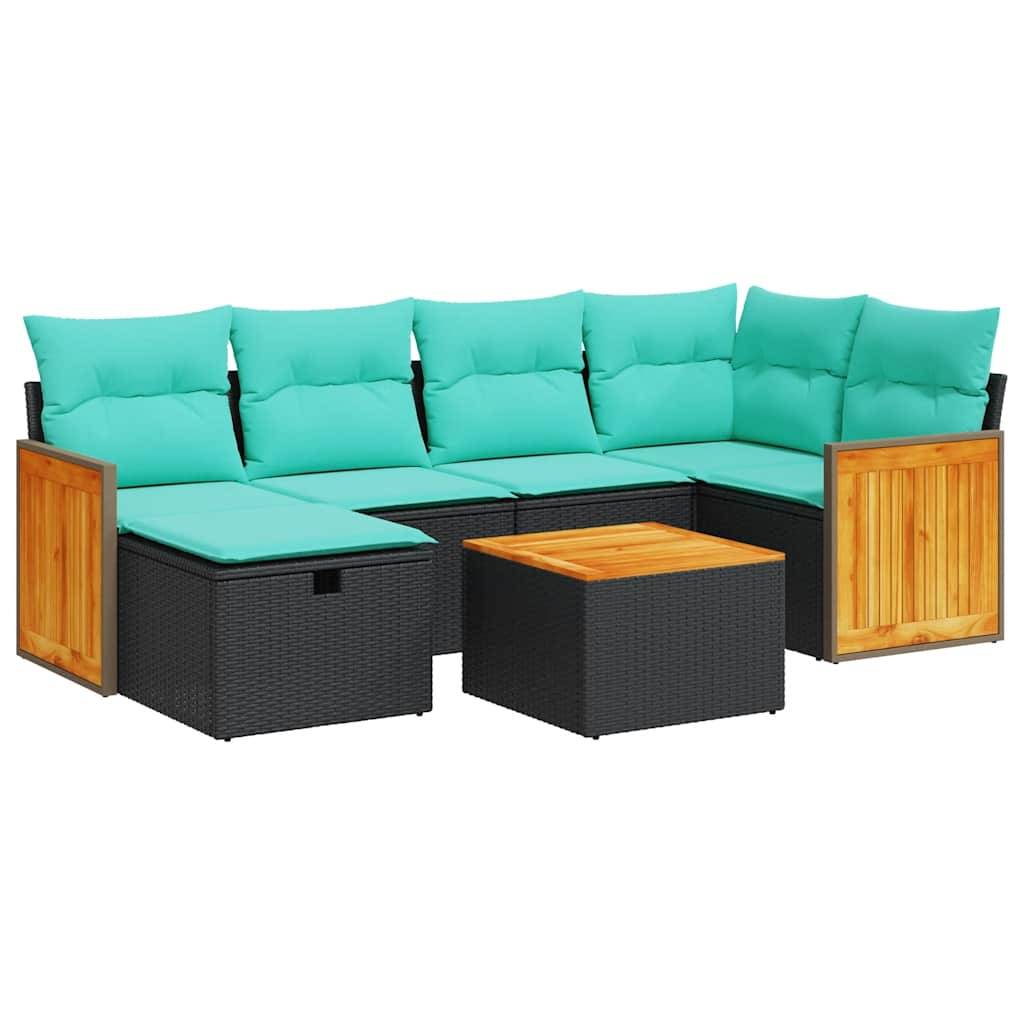 vidaXL 7-tlg. Garten-Sofagarnitur mit Kissen Schwarz Poly Rattan