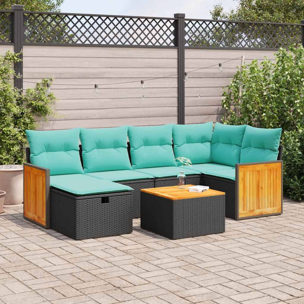 vidaXL 7-tlg. Garten-Sofagarnitur mit Kissen Schwarz Poly Rattan