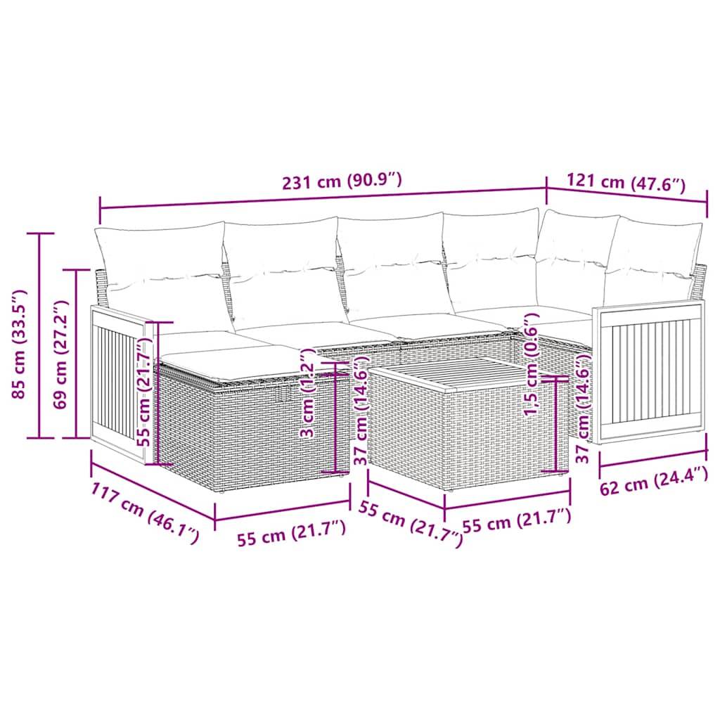 vidaXL 7-tlg. Garten-Sofagarnitur mit Kissen Schwarz Poly Rattan