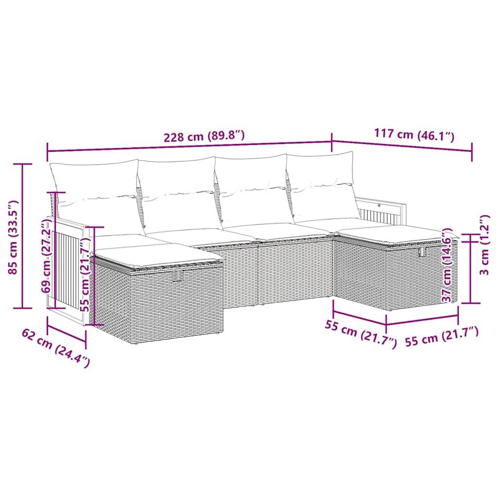 vidaXL 6-tlg. Garten-Sofagarnitur mit Kissen Schwarz Poly Rattan