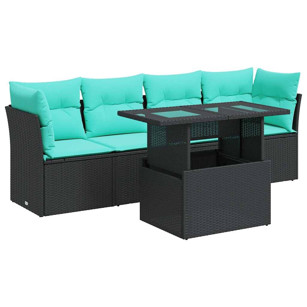 vidaXL 5tlg. Garten-Sofagarnitur mit Kissen Schwarz Poly Rattan Akazie