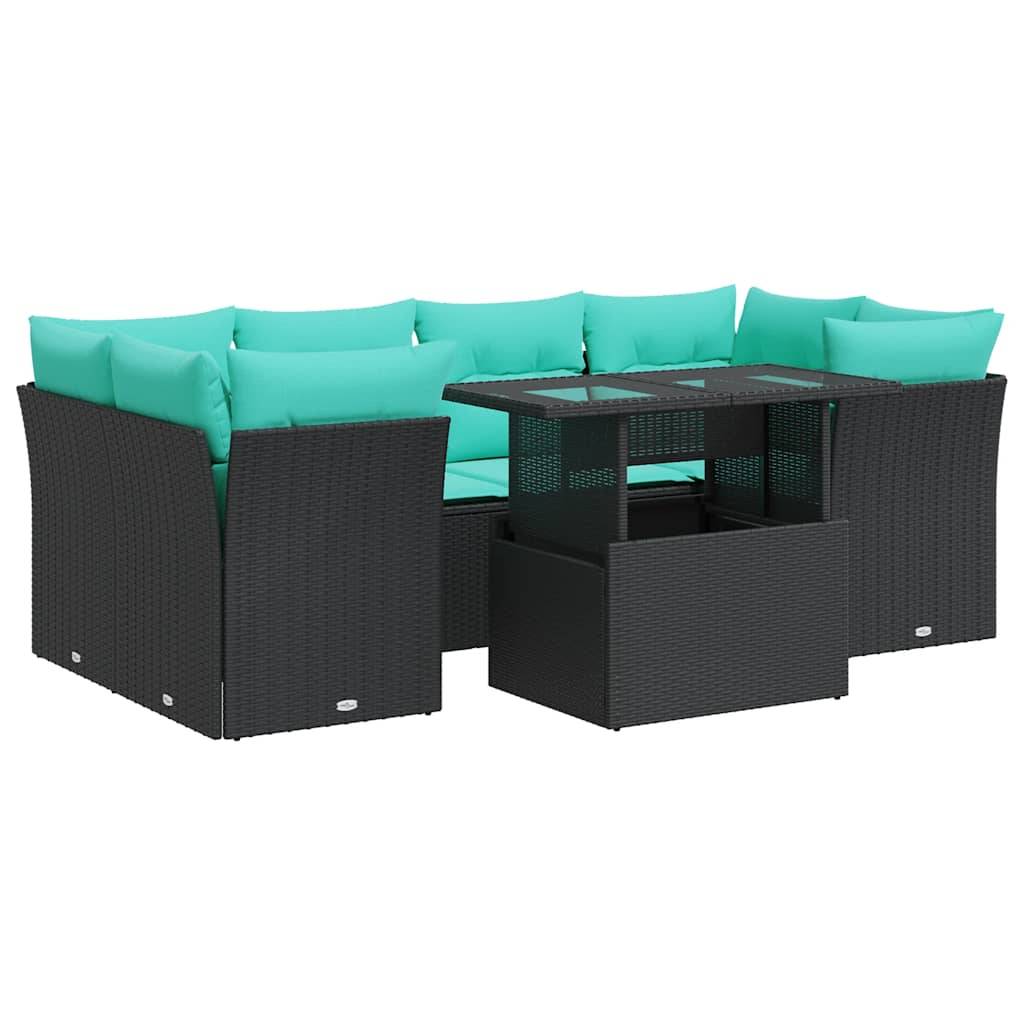 vidaXL 7-tlg. Garten-Sofagarnitur mit Kissen Schwarz Poly Rattan