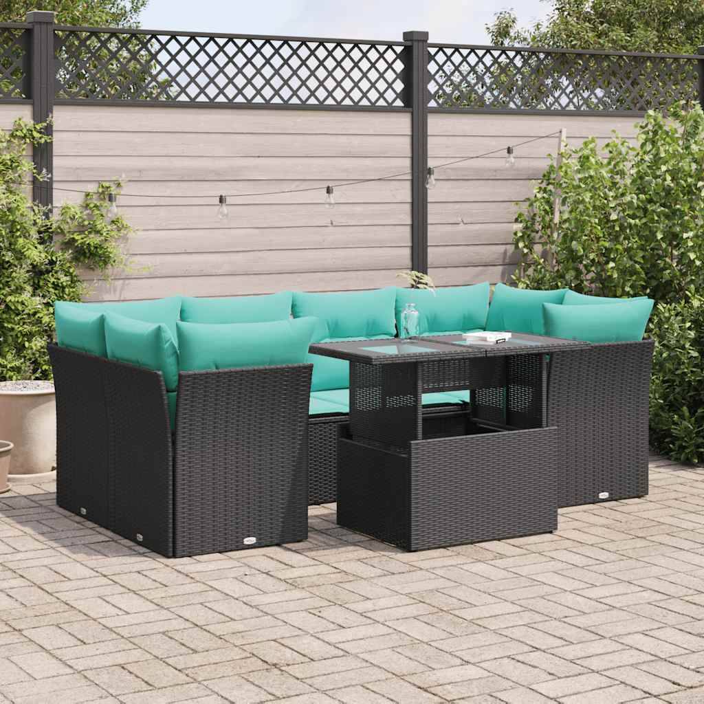 vidaXL 7-tlg. Garten-Sofagarnitur mit Kissen Schwarz Poly Rattan