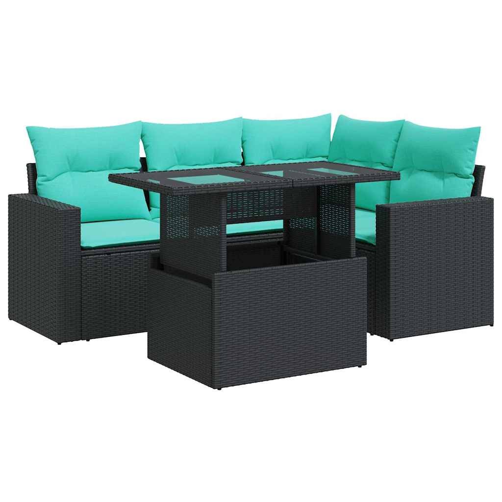 vidaXL 5tlg. Garten-Sofagarnitur mit Kissen Schwarz Poly Rattan Akazie