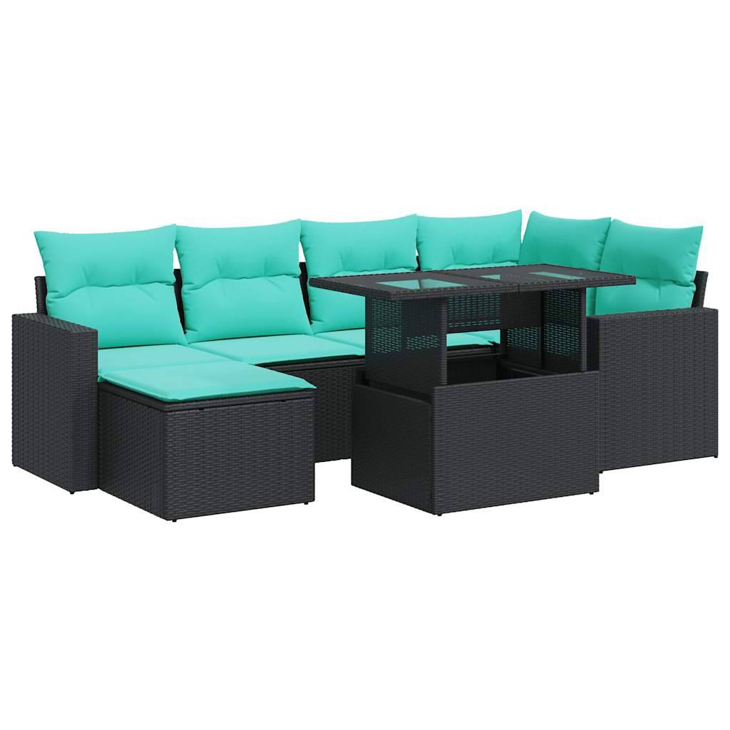 vidaXL 7-tlg. Garten-Sofagarnitur mit Kissen Schwarz Poly Rattan