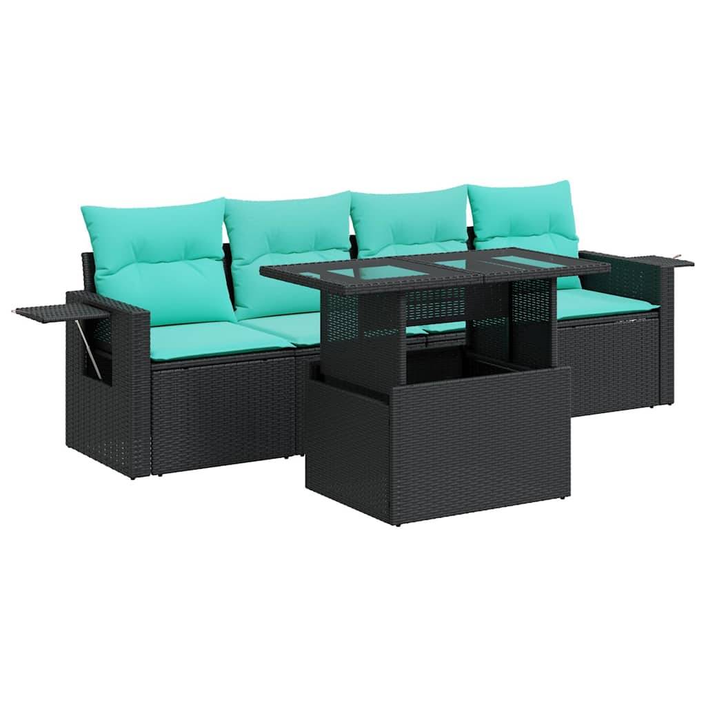 vidaXL 5-tlg. Garten-Sofagarnitur mit Kissen Schwarz Poly Rattan Akazie