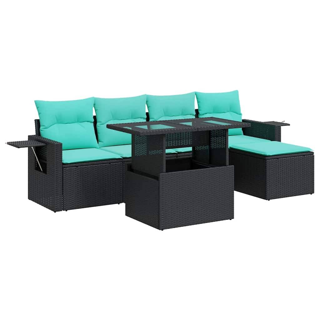 vidaXL 6-tlg. Garten-Sofagarnitur mit Kissen Schwarz Poly Rattan Akazie