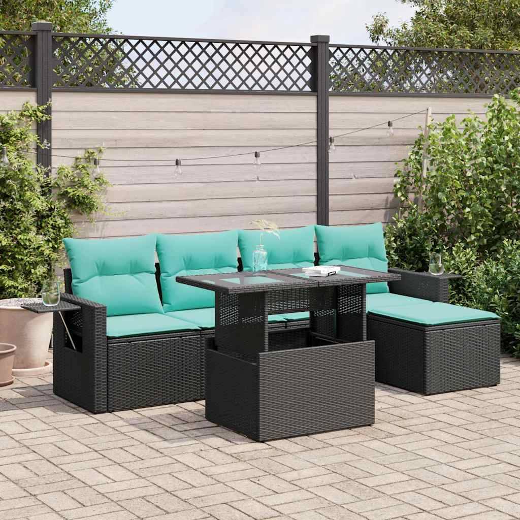 vidaXL 6-tlg. Garten-Sofagarnitur mit Kissen Schwarz Poly Rattan Akazie