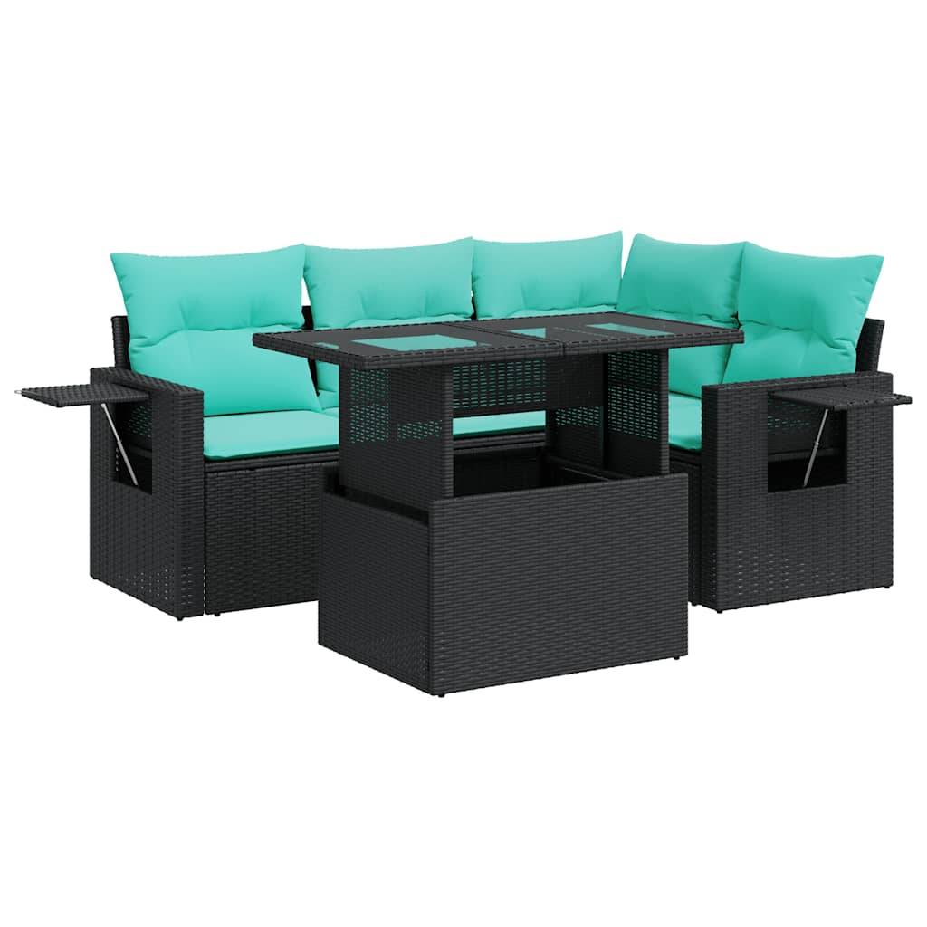 vidaXL 5-tlg. Garten-Sofagarnitur mit Kissen Schwarz Poly Rattan Akazie